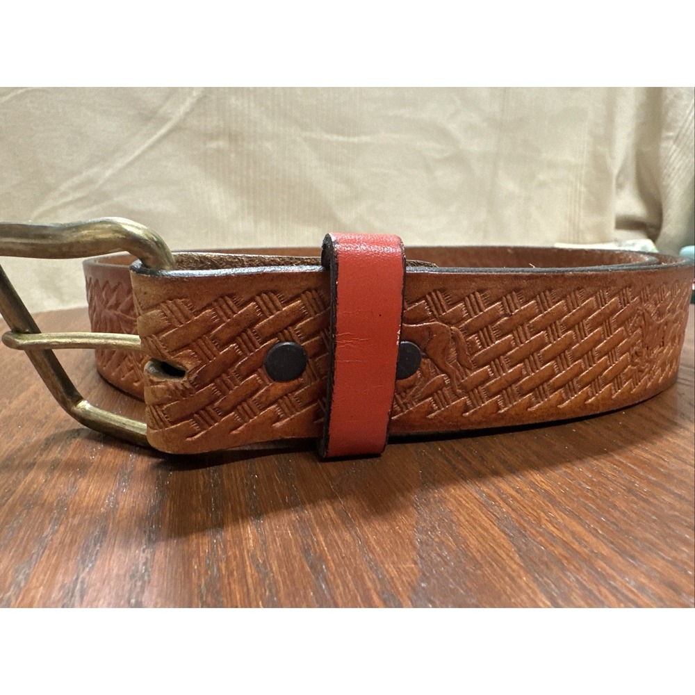 Vintage 38 Western leather belt Saddle Tan Red Keeper Loop Brass Toned Buckle